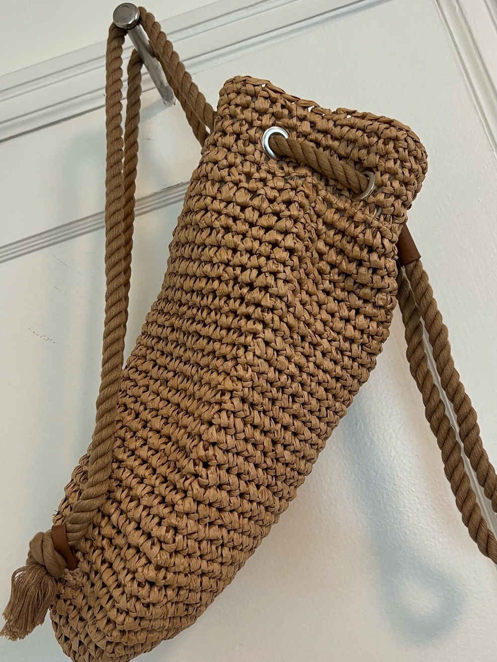 Woven Rope Drawstring Bucket Bag - Tan - Picture 4 of 4
